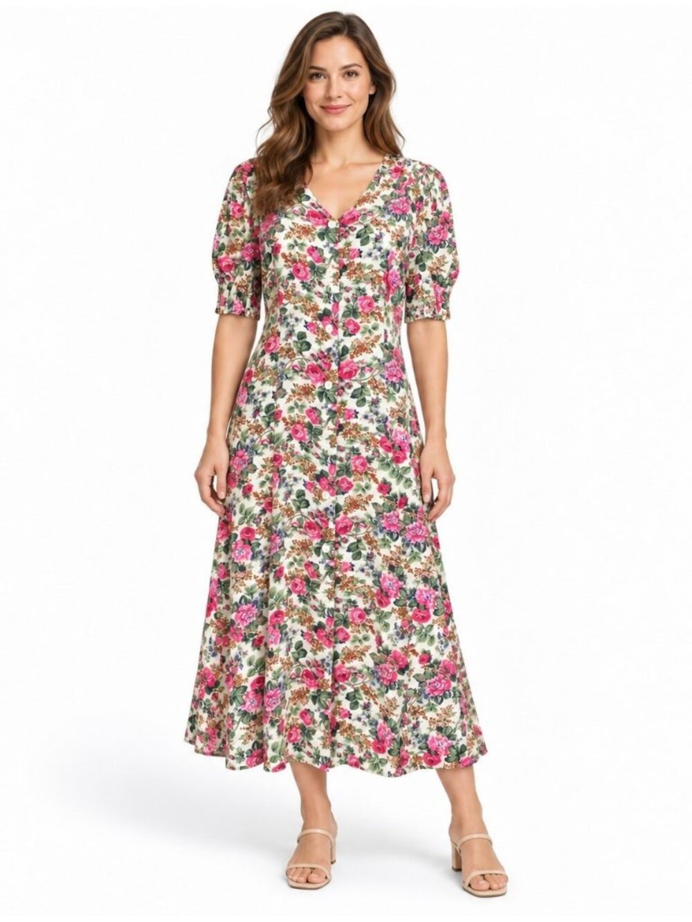 Vintage Ms. Basia California Floral Dress Size 12 Button Front Rayon Cottagecore